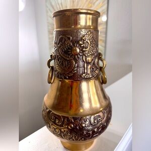 Sold Korean Solid Brass Vase Urn Dragon Foo Dog Sun Design 10.5 inches EUC